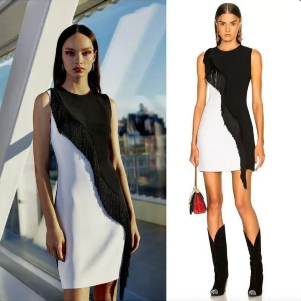 Cushnie Black and White Fringe-Trim Mini Dress